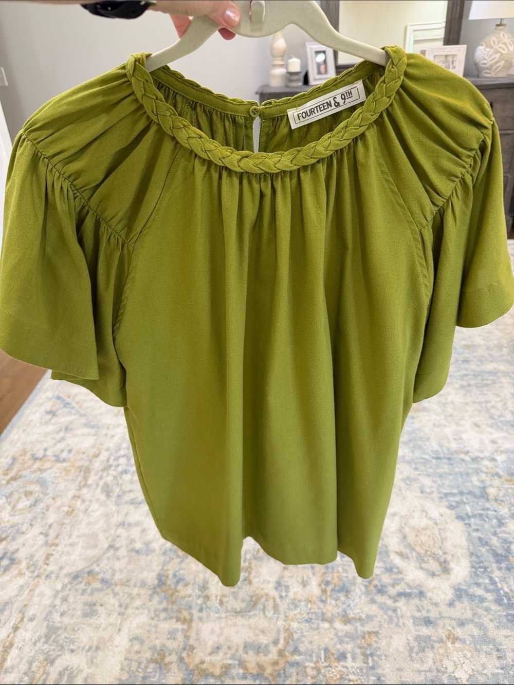 Olive Braided-Neck Flutter Sleeve Blouse - Picture 8 of 16